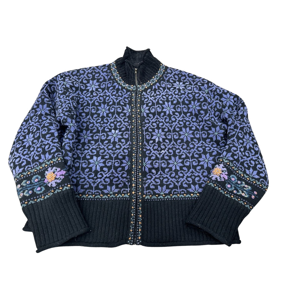Icelandic Design L Purple Black Lined Wool Blend Cardigan Snowflake‎ Sweater